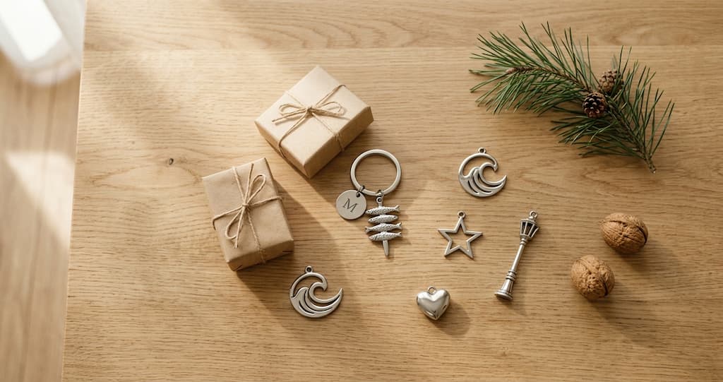 Personalized keychain with steel charms as a Secret Santa gift