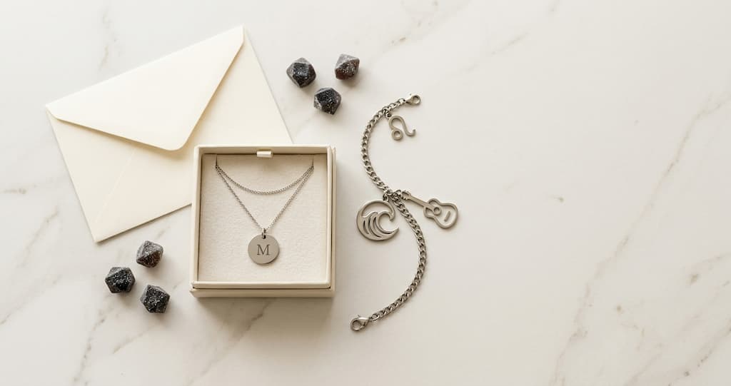 Steel necklace and bracelet with personalized charms as a Reyes gift