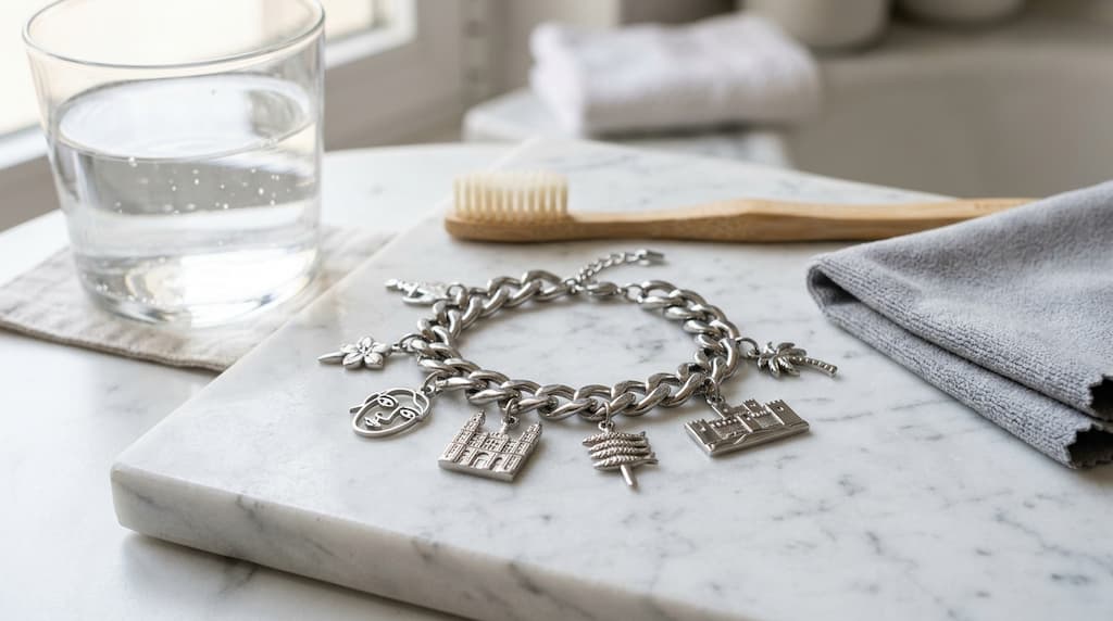Pulsera de charms de acero inoxidable junto a un vaso de agua y un cepillo, cómo evitar que el acero inoxidable se oxide