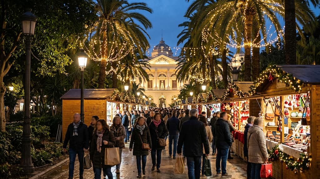 Puestos del mercadillo de Navidad del Paseo del Parque, uno de los mercadillos de Navidad en Málaga