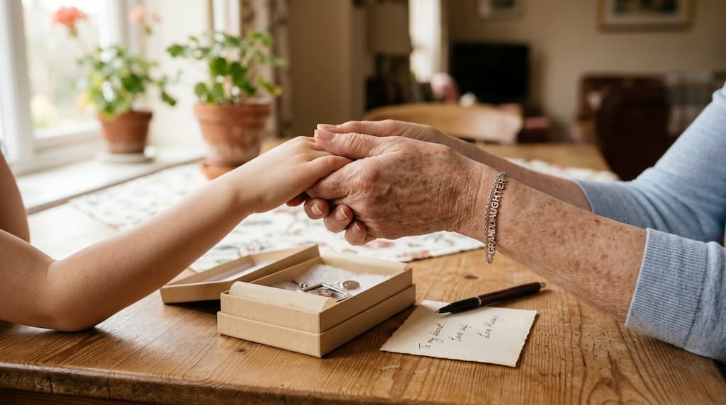 Abuela con una pulsera de charms con las iniciales de sus nietos, idea de regalo para abuela con significado